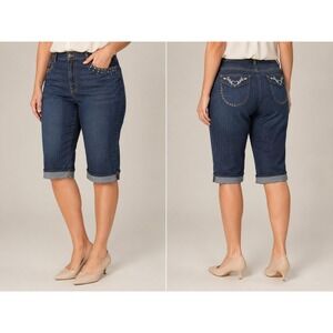 DKIN Women's Plus Size 22W Denim Bermuda Shorts Studded Embellished Stretch Blue